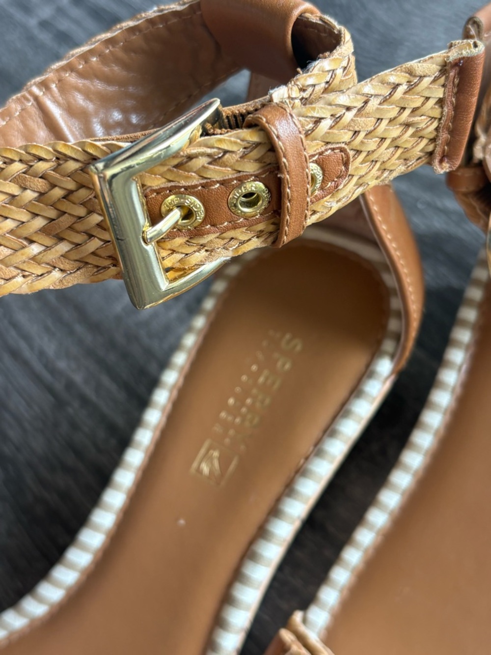 Sperry Tan Braided Ankle-Strap Sandals with Striped Toe - Picture 6 of 14